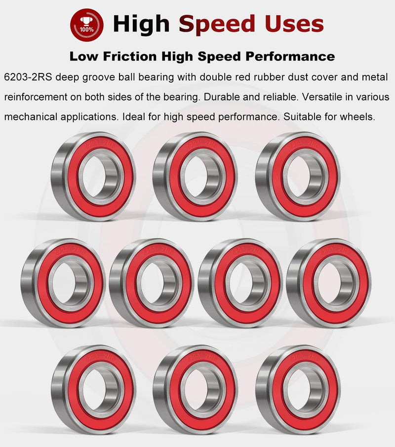 [Australia - AusPower] - 10 PCS 6203-2RS Double Sealed Deep Groove Ball Bearings, 17x40x12mm, Pre-Lubricated with Double Red Rubber Seal & High RPM Support 6203DDU 6203VV 10 PCs 