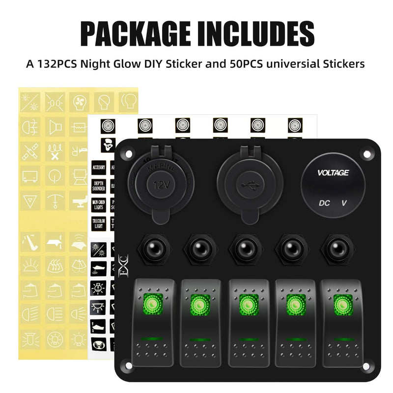 FXC Waterproof Marine Boat Rocker Switch Panel 5 Gang with QC3.0 USB & Type-C Slot Socket + Cigarette Lighter +LED Voltmeter with Overload Protection for Car Rv Vehicles Truck (5 Gang Green LED)
