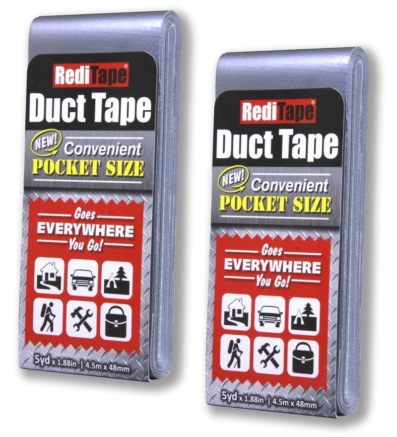 Travel Size Pocket Duct Tape 2-Pack – Compact Flat Small Mini Rolls - for Repairs Camping Emergency Gear EDC DIY Crafts - 1.88 inch x 5 Yards per Pack (Twin Silver) 2 Pack