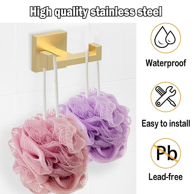 BOZWELL Double Towel Hooks for Bathroom Light Brushed Gold Wall Mount，Simple Modern Square Style Coat Robe Hook，Stainless Steel Heavy Duty Door Hanger for Bathroom Bedroom Kitchen Hotel Pool 1502-G-1 1 Double Hook