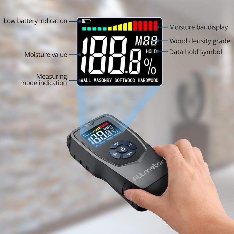 Pinless Moisture Meter Wood Moisture Meter for Walls Drywall Wood Masonry with LCD Display Sound Alarm for Woodworking and Building Projects Moisture Detector Within +/- 4% Accuracy