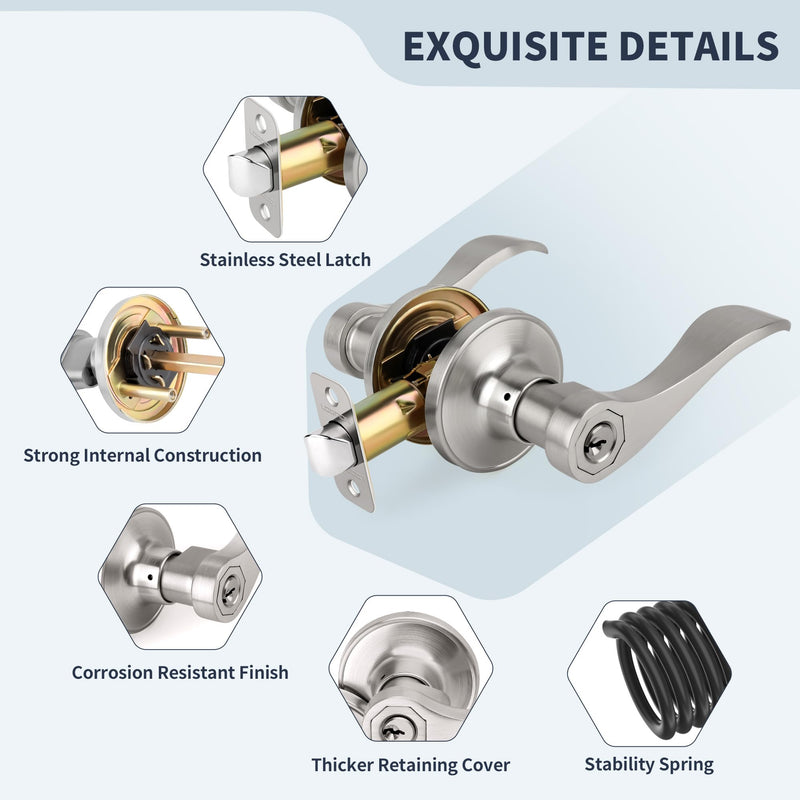 Wave Style Door Lever Keyed Entry Door Handle with Lock, Entrance Lever Reversible for Left/Right Handed for Office or Front Door with Satin Nickel Finish, 1 Pack Keyed Entry (With Lock & keys)