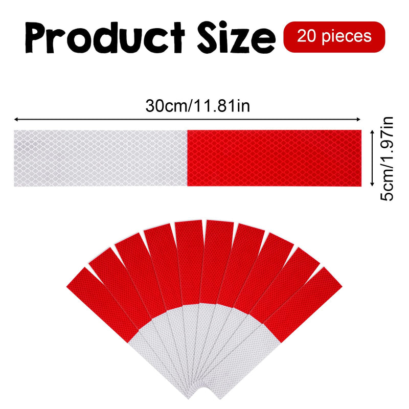 20PCS Red/White Reflective Stickers, 2" x 12" Self-Adhesive Reflective Tape, Waterproof High-Strength Safety Caution Warning Tape Strips for Cars, Trucks, Trailers, Bicycles, Ships, and Road Signs
