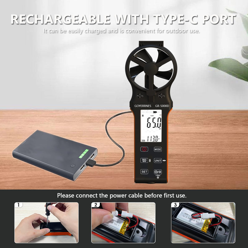 [Australia - AusPower] - Air Flow & Wind Speed Meter, Handheld CFM Anemometer with Waterproof Touch Button, CFM Meter Gauge Air Velocity Measuring Device for HVAC Outdoor [Rechargeable] 