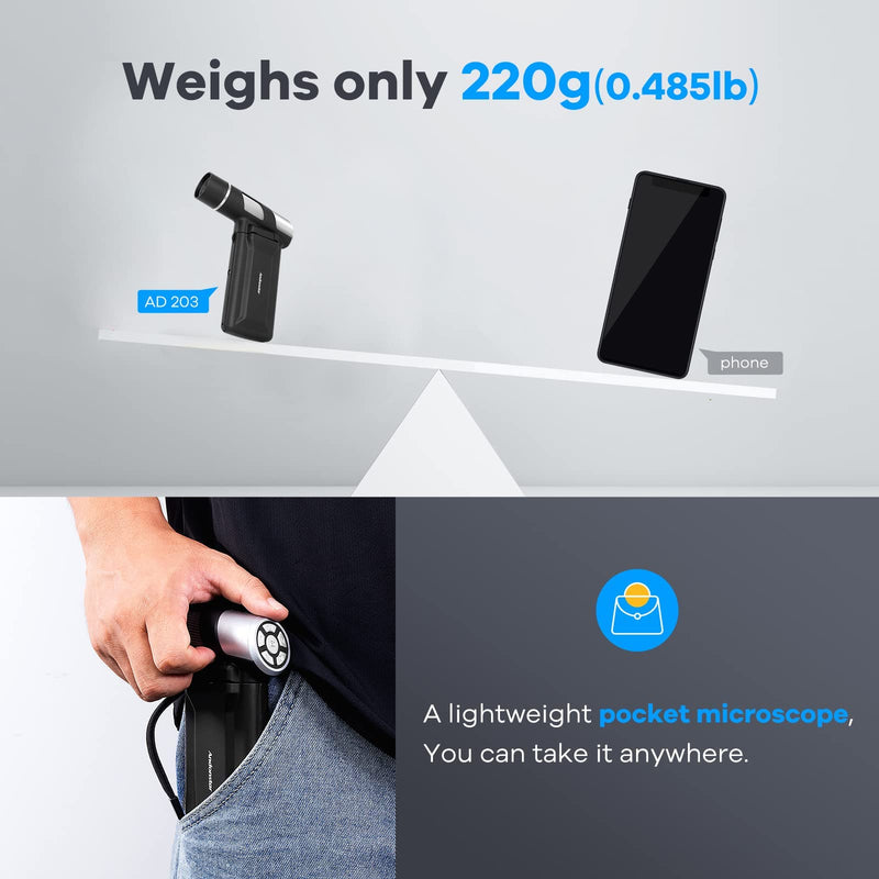 [Australia - AusPower] - Andonstar AD203 Handheld Digital Microscope, Portable Pocket Microscope with 4 inch Screen for Kids and Adults, Black, Electronic FHD Video Microscope, Supports Windows Mac PC, USB Coin Microscope Handheld Black 