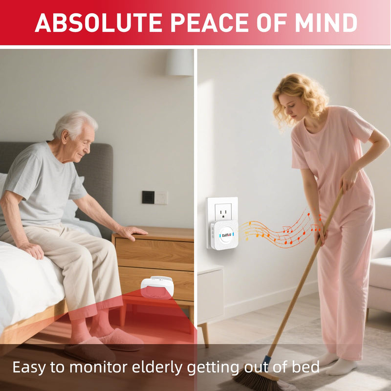 CallToU Wireless Motion Sensor Alarm Indoor Motion Detector Alarm Bed Alarms for Elderly Dementia Patients, Motion Sensor Door Chime for Business/Home/Office/Store with 500FT Range 5 Adjustable Volume WHITE 2+2