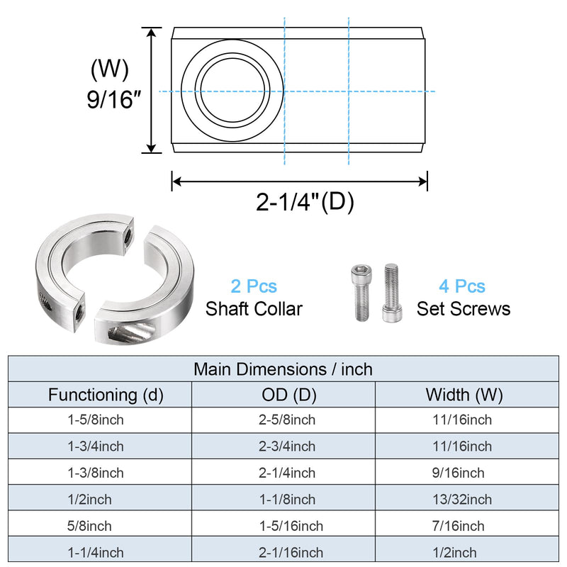 [Australia - AusPower] - 2pcs Shaft Collar for 1-3/8" Rod 2-1/4" OD 9/16" Width 304 Stainless Steel Double Split Axle Clamp-On Collar with Set Screw 1-3/8" Bore 