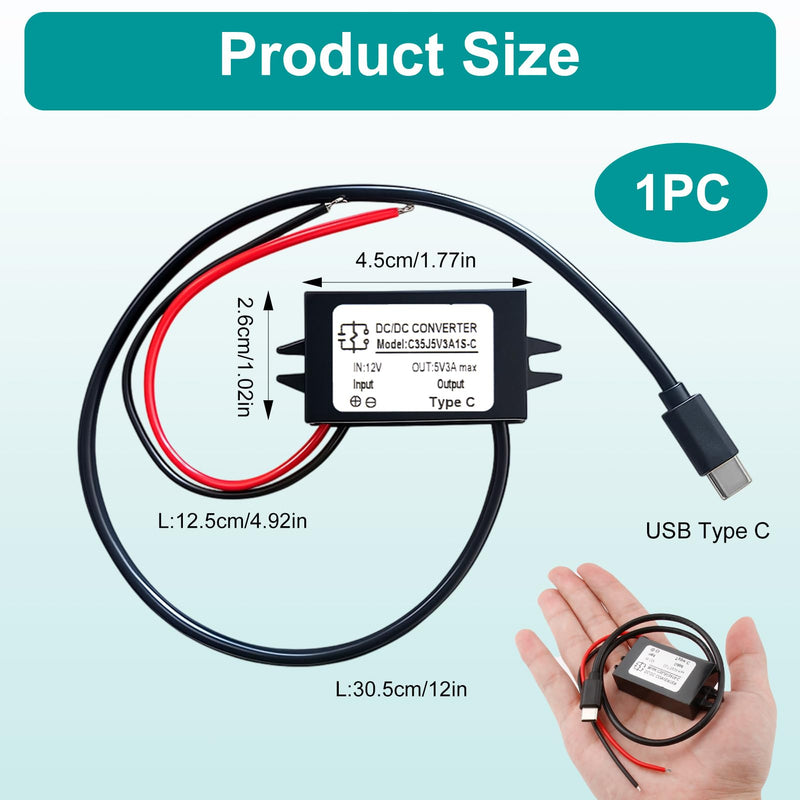 DC-DC 8V-32V to 5V Voltage Converter USB-C 3A 15W, USB Socket 12-V 5V Power Adapter USB Power Supply 24V USB Voltage Converter Waterproof Buck Converter Step-Down Charger Volt Charging Regulator