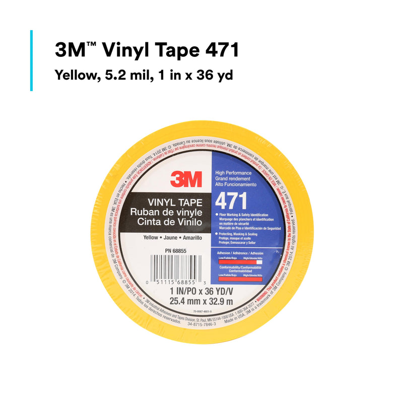 3M Vinyl Tape 471, 1 in x 36 yd, Yellow, 1 Roll, Yellow Floor Tape, Paint Alternative for Floor Marking, Social Distancing, Color Coding, Safety Marking