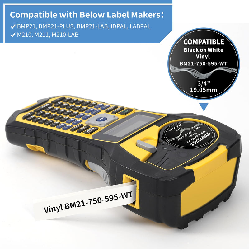 MarkDomain Compatible with M21-750-595-WT 3/4 Inch Black on White All-Weather High Adhesion Tape for Indoor/Outdoor Work with BMP21-PLUS, BMP21-LAB0, M210, M211, M210-LAB Label Printer, 0.75", 2-Pack 2PK Vinyl All-Weather High Adhesion Tapes