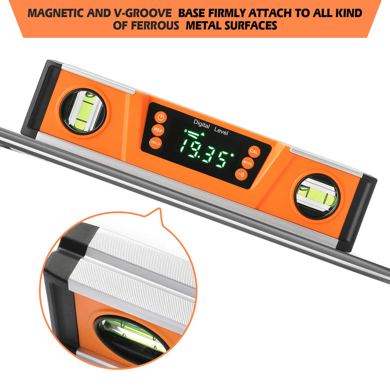 [Australia - AusPower] - 10-Inch Digital Torpedo Level and Protractor | Neodymium Magnets | Bright LED Display | V-GROOVE MAGNETIC BASE | IP54 Dust/Water Resistant smart level with Carrying Bag Orange 