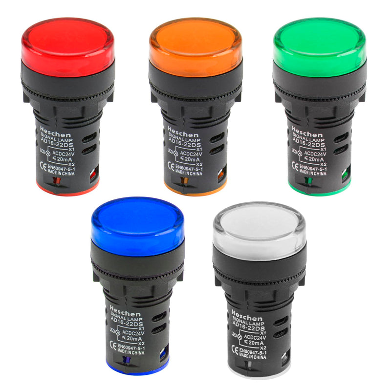 Heschen 22 mm LED Indicator Light, AD16-22D/S, 24VDC 20mA, Red, Green, Yellow, Blue, White Light Colour, Pack of 5