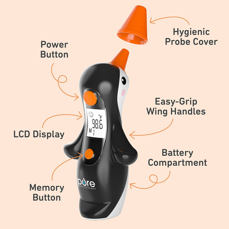 [Australia - AusPower] - Pure Enrichment® PureBaby® Penguin Ear Thermometer - InstaRead™ Technology, LCD Backlit Display, 10 Memory Settings, Dual Scale Readings, Fever Alert, & Cover - Ideal for All Ages, Babies and Children 