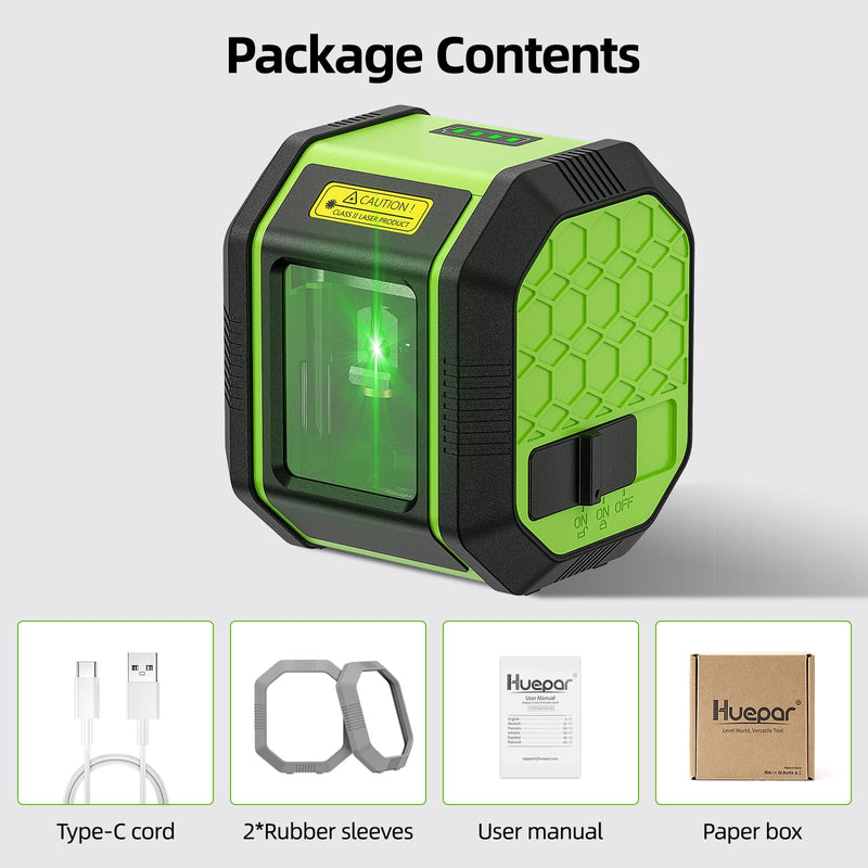 [Australia - AusPower] - Laser Level, HUEPAR Self leveling Green Cross Line Laser Level 100Ft Accurate Level Laser Tool for DIY Construction & Decoration Indoor Projects, Built-in Li-ion Battery for Longer Working Time FC011G 