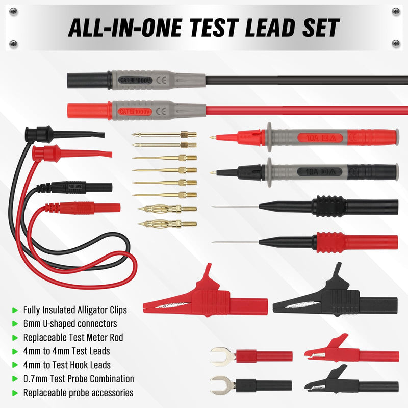 [Australia - AusPower] - SWANLAKE 27-Piece Multimeter Test Leads Set, CAT.III 1000V / CAT.IV 600V Multimeter Probes with Alligator Clips, Needle Probe, Replaceable Probe Accessories, Soft Silicone Volt Meter Lead 