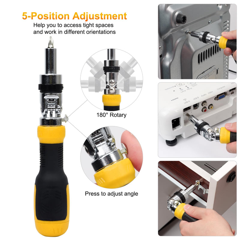 SHARDEN Ratcheting Screwdriver Multi Bit Screw Driver 13-in-1 Tool Ratchet Screwdriver Set Flat Head/Square/Torx/Hex/Phillips Screwdriver, 180 Degree Pivoting Adjustable Angle Magnetic Screwdriver Yellow