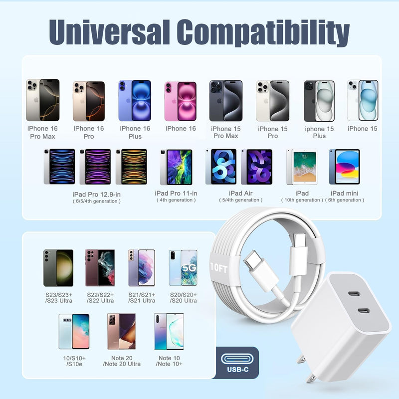 iPhone 17 Air/16e/15 Pro Max Charger Fast Charging, 2Pack 20W Dual USB C Fast Charger Block 10FT Long USB C to C Charging Cable Cord for iPhone 17/17 Pro/17 Pro Max/16 Pro Max/15 Pro/15 Plus/iPad Pro White 2Pack（10FT C-C） 2