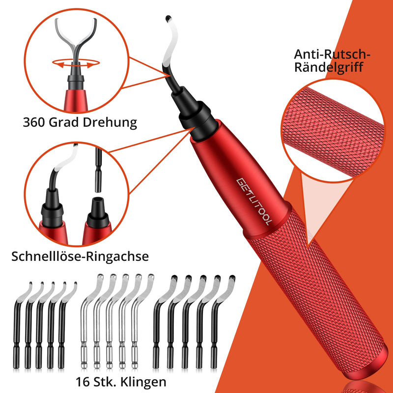 [Australia - AusPower] - GETLITOOL Deburring with 16 Blades, 360° Rotating Blade, Hand Deburrer, Metal Handle with Storage Space, Universal Deburring Tool for 3D Printers, Plastic, Stainless Steel, Aluminium, Metal (Red) 