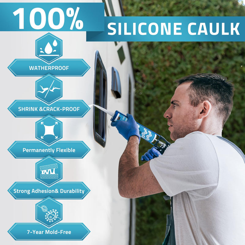 [Australia - AusPower] - Black Silicone Sealant,100% Waterproof Silicone Adhesive Caulk for Rv Marine Home Window Roof Door Kitchen Bathroom Bathtub Shower Auto Leak Seal, 10.2 Oz, 1 Pack 