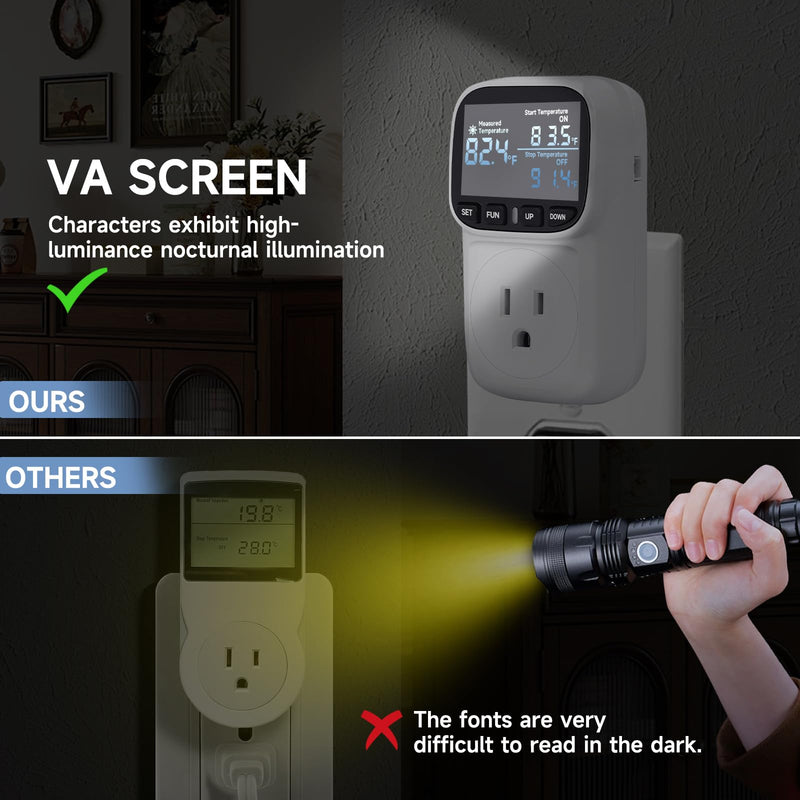 [Australia - AusPower] - Temperature Controlled Outlet , 15A/1800W Digital Thermostat Outlet, Cyclic Timing/Countdown, -40℉~210℉ VA Display Heating Cooling Control Timer with 2Pcs Probe Cable for Reptile Incubator White 