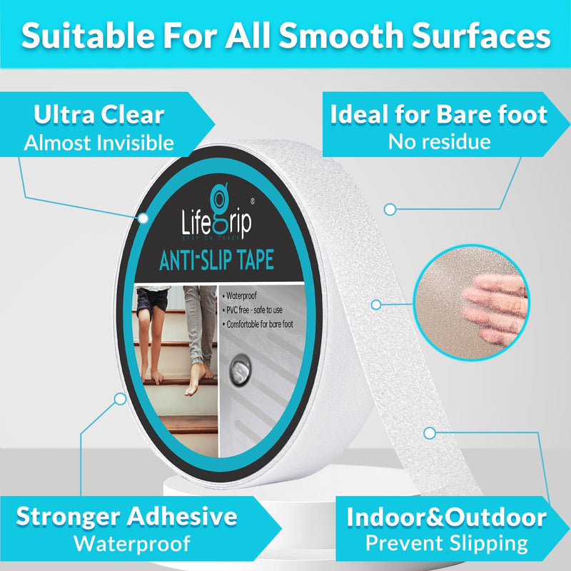 LifeGrip Anti Slip Transparent Anti Slip Tape, 1 inch by 30 feet, Non-Slip Traction Grip Tape to Tubs, Boats, Stairs, Clear, Soft, Comfortable for Bare feet (1" X 30') 1" X 30'