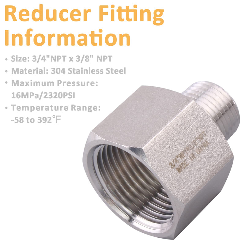 [Australia - AusPower] - Forged Reducer Adapter Fitting - Stainless Steel 304 Reducing Pipe Connector, 3/4" NPT Female x 3/8" NPT Male (pack of 2) 3/4" FNPT x 3/8" MNPT(NPT size not actual diameter Pack of 2 