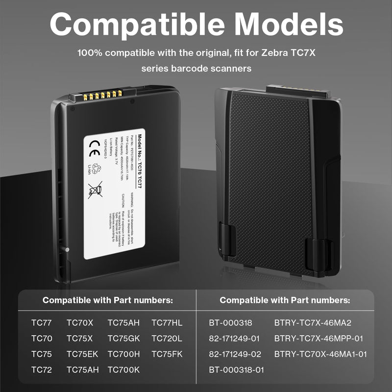 Replacement Battery for Zebra for Symbol TC77 TC70 TC75 TC72 TC70X TC75EK TC75AH TC75GK TC700H TC700K TC77HL TC75x TC720L TC75FK Handheld Barcode Scanner BTRY-TC7X-46MPP-01 / BT-000318