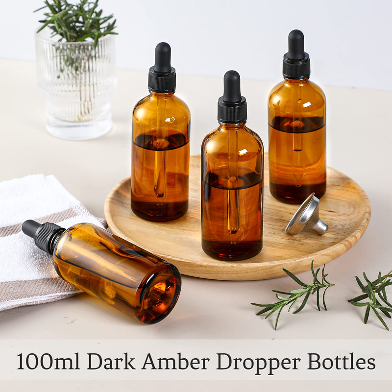 [Australia - AusPower] - AOZITA 4 Pack, 100ml Dark Amber Dropper Bottles with 1 Funnels & 4 Labels - 3.4oz Brown Glass Tincture Bottles with Eye Droppers for Essential Oils, Liquids - Leakproof Travel Bottles Blank Dropper 
