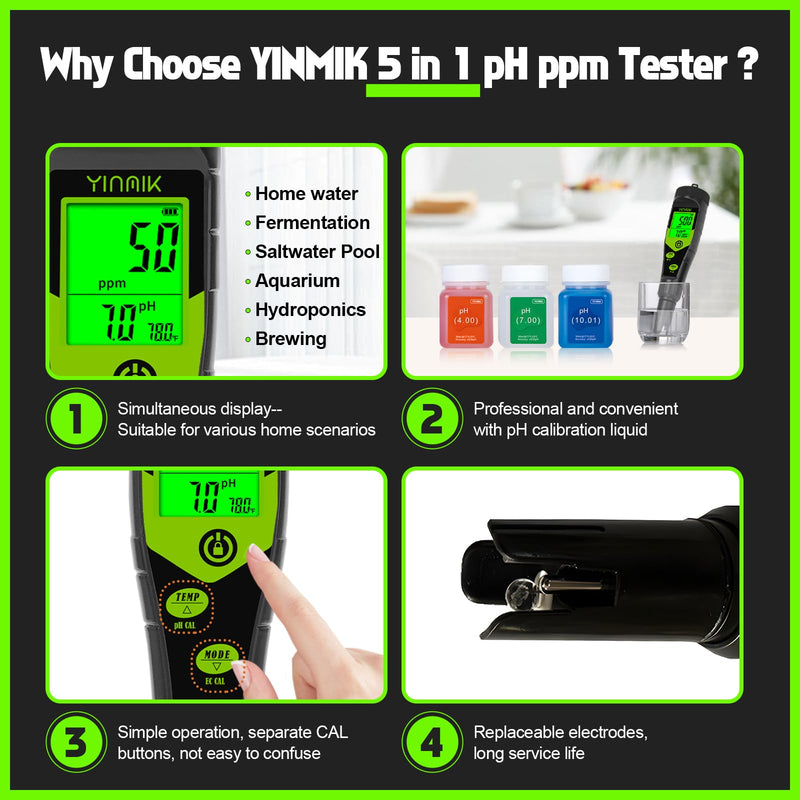 [Australia - AusPower] - Pool Salt Tester, Digital 5 in 1 pH TDS EC Salinity Meter with Calibration Solution Kit, Simultaneous Display ppm pH for Saltwater Pool, Aquarium, Hot Tub, Spa, Hydroponics, Home Brew&Pickling YK-T5S 