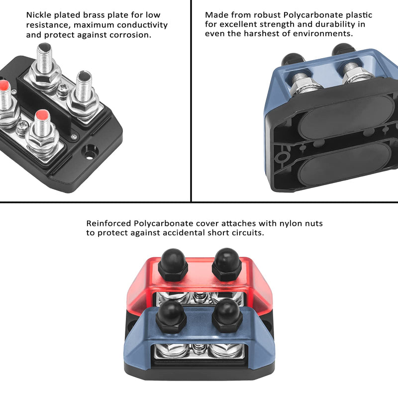 RECOIL Dual Row Busbar Positive and Negative 2 x 5/16” Studs 1 x #8 Screw Terminals Power and Ground Distribution Block with Ring Terminals Red & Black