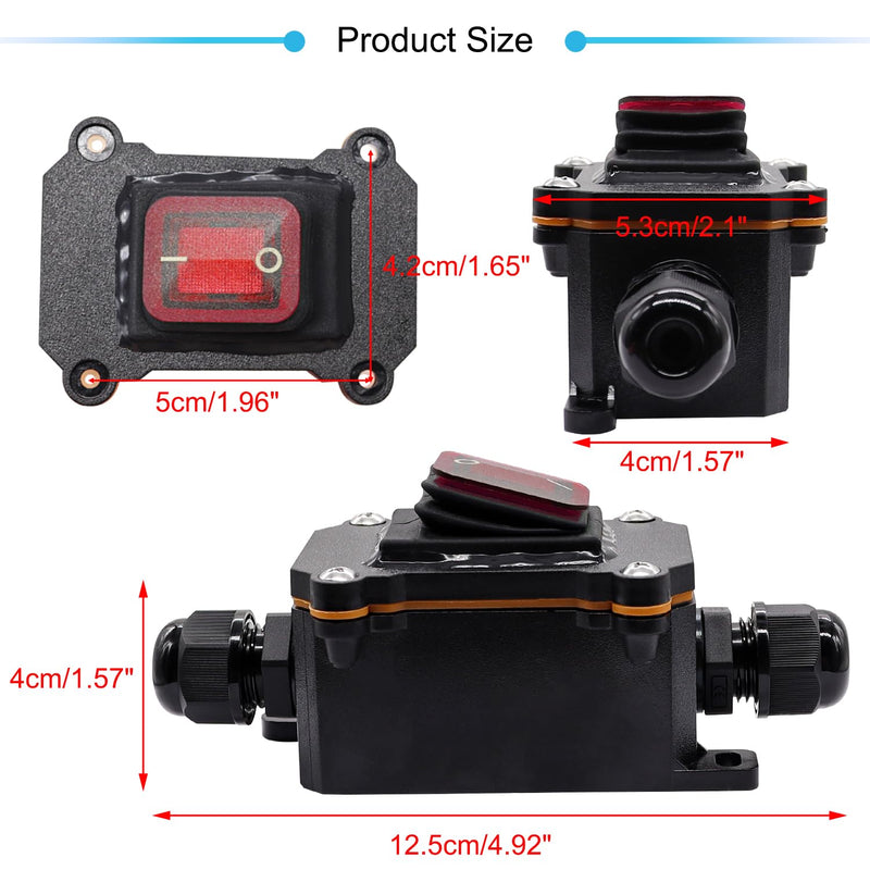 [Australia - AusPower] - IP67 Waterproof Inline Cord Switch 12V DC 20A DPST 4Pin 2 Position On Off Outdoor Toggle Switch with Red Light Rocker Button,Two-Side Entry & Exit Line DC 12-24V 
