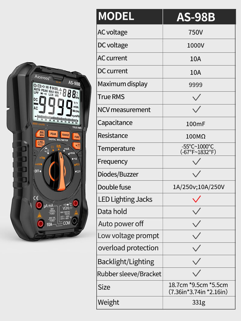 [Australia - AusPower] - Multimeter Digital Multimeter, 9999 Counts DC AC Voltmeter and Ohm Volt Amp Tester, Auto-Ranging Fast Accurately Measures Voltage Current (DC/AC Current) 