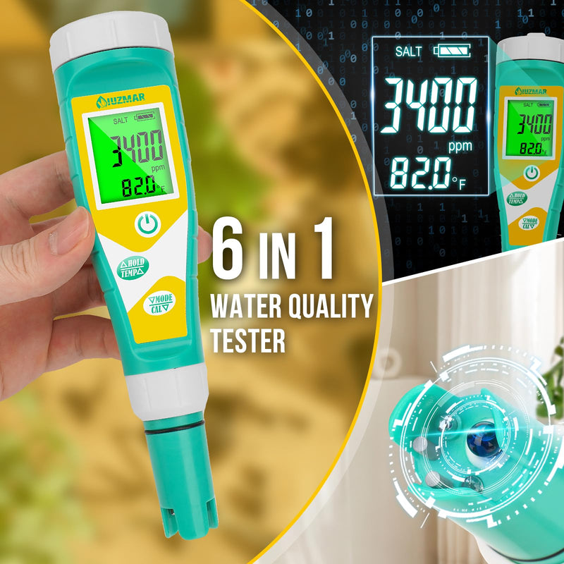[Australia - AusPower] - UIUZMAR Pool Salt pH Tester Upgrade pH and ORP Meter Accurate Consistent Pool Water for pH, Salinity, ORP, TDS, EC, Temp Tester pH PPM and EC Tester for Hydroponics, Aquariums, Pool, Spa 6 in 1 Meter 