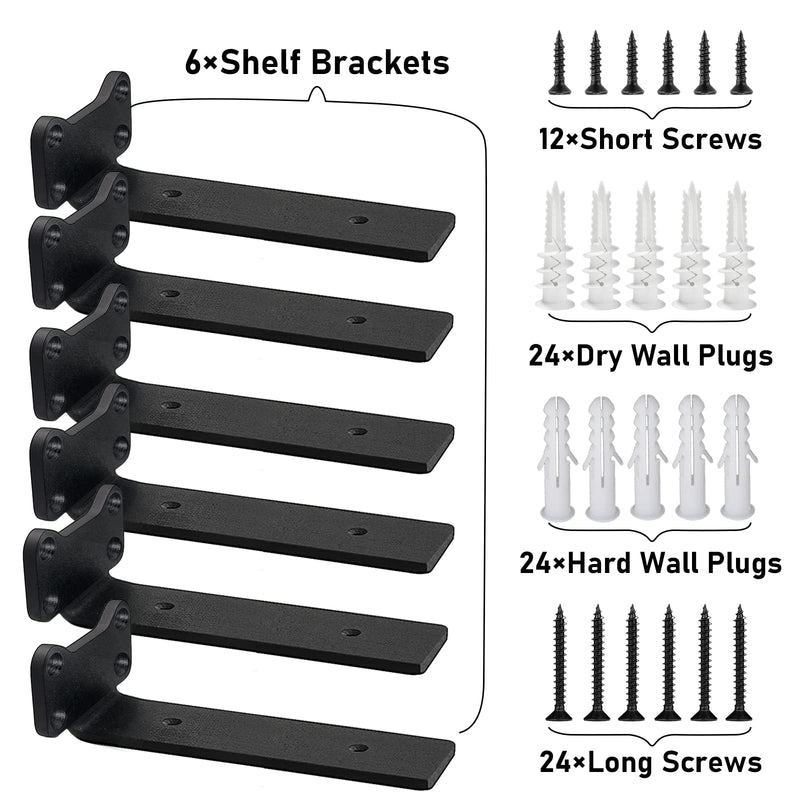 Shelf Brackets Heavy Duty Industrial L Shelf Bracket - 0.2 Inch Thick Premium Solid Steel Shelf Supports, Black Rustic Wall Brackets for Shelves - 12 Inch Floating Shelves Hardware (6 Pack) 12 Inch-6 Pack