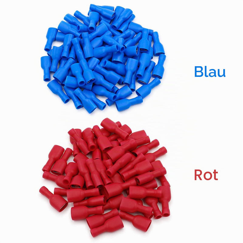 Quick Coupling Socket Vinyl Fully Insulated, 6.3 x 0.8 mm Cable Lug, Red for 0.5-1.5 mm² (22-16 AWG), Blue for 1.5-2.5 mm² (16-14 AWG), Pack of 120 Red-blue 120