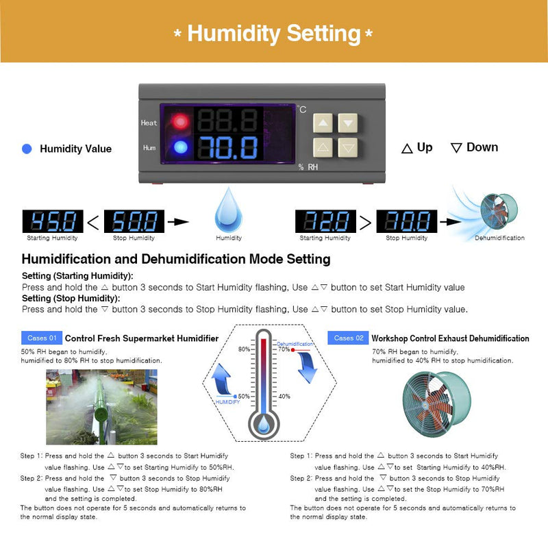 diymore Digital Temperature Controller Humidity Controller SHT2000 AC 110V-230V Humidity Controller Thermostat with Probe Heating Cooling Humidification SHT2000 AC 110V-220V