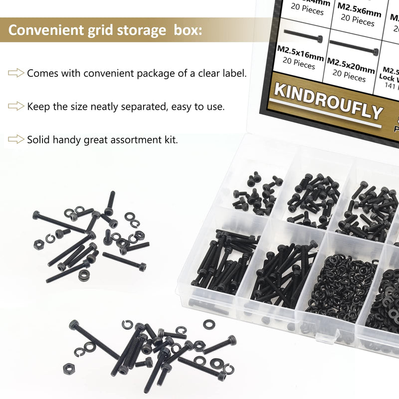 [Australia - AusPower] - 562 Pieces Black M2.5 x 4/6 /8/10 /12/16 /20mm Hex Socket Head Cap Screws Nuts Washers Assortment Kit, 12.9 Grade Alloy Steel 