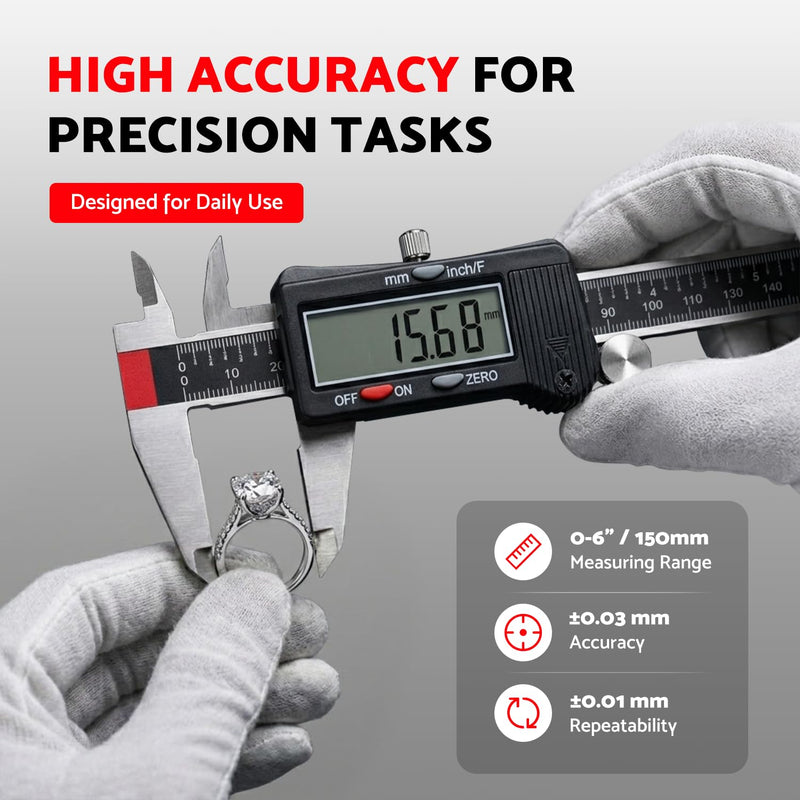 S&F STEAD & FAST Digital Calipers 6 inch, Caliper Measuring Tool, Stainless Steel Digital Micrometer to Measure Inch Fractions Millimeter, Auto-Off Vernier Caliper for DIY, Woodworking