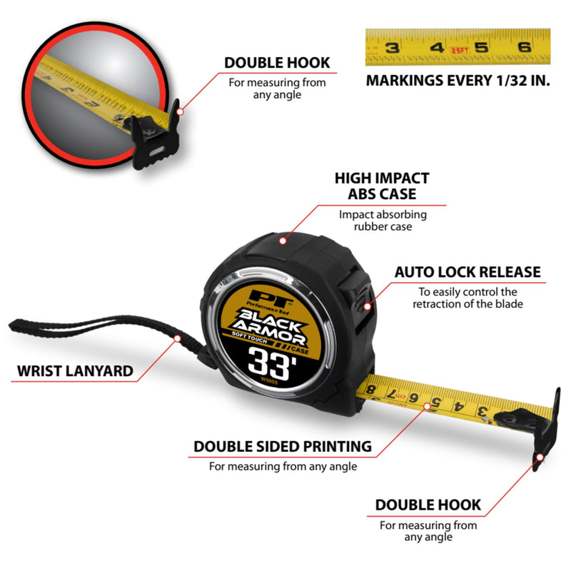 [Australia - AusPower] - Performance Tool W5055 Rubber Coated Tape Measure - High Accuracy, Extra-Wide Thumb Release, and Dual-Sided End Hook for Easy Measurements Heavy-Duty 10.1 m 