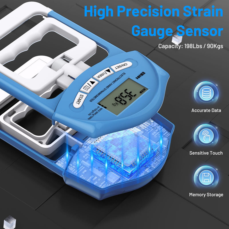 [Australia - AusPower] - Blue Electronic Hand Dynamometer - 90 kg / 200 lbs Capacity Hand Grip Strengthener with 19 Records - Ideal for Strength Training, Rehabilitation and Progress Tracking blue 