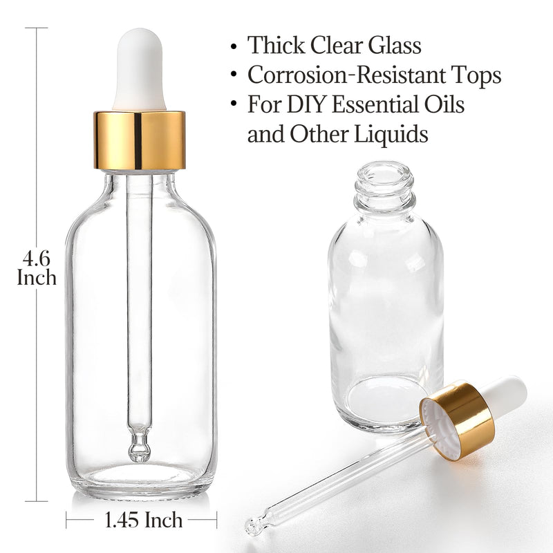 [Australia - AusPower] - AOZITA Set of 4, 2 oz Golden Cap Clear Dropper Bottles (60ml) with 1 Funnel & 4 Labels - Glass Tincture Bottles for Essential Oils with Eye Droppers - Leak Proof Travel Bottles for Liquids 