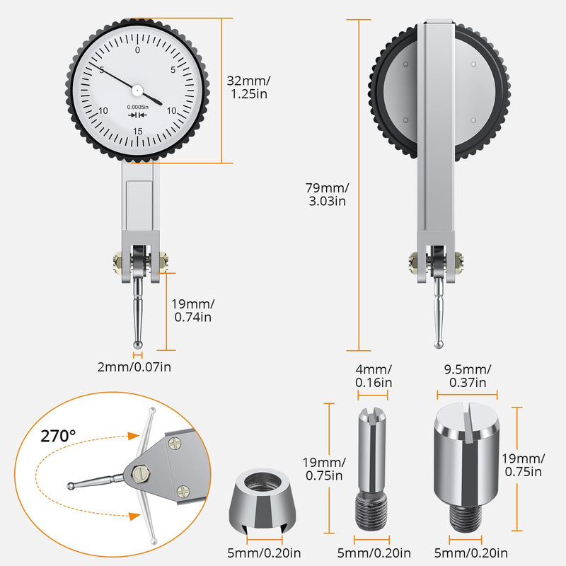 [Australia - AusPower] - Neoteck Dial Test Indicator wiht Magnetic Base Stand and Storage Case, 0-0.03"/0.0005" Test Indicator Set with 2 Steel Dovetail Clamps 3/8'' and 5/32'' for Machine Set-Up, Narrow Area Measurement 