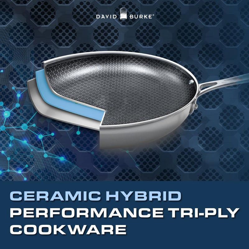 David Burke GeoClad Ceramic Hybrid Non-Stick 10" Fry Pan – Stainless Steel Sear Surface, Geometric Pattern, Tri-Ply Clad Body, PFOA-Free, Dk Gray/SS
