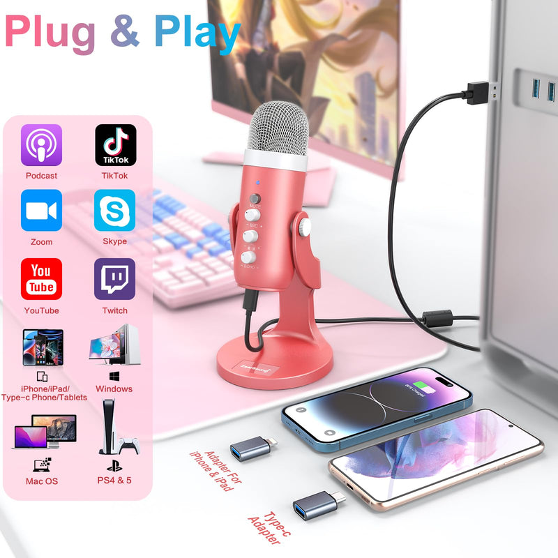 [Australia - AusPower] - ZealSound USB Microphone,Condenser Computer Mic,Plug&Play Gaming Microphones for PS 4&5.Headphone Output&Volume Control,Mic Gain Control,Mute Button,YouTube Podcast on Mac&Windows Pearlescent Pink 