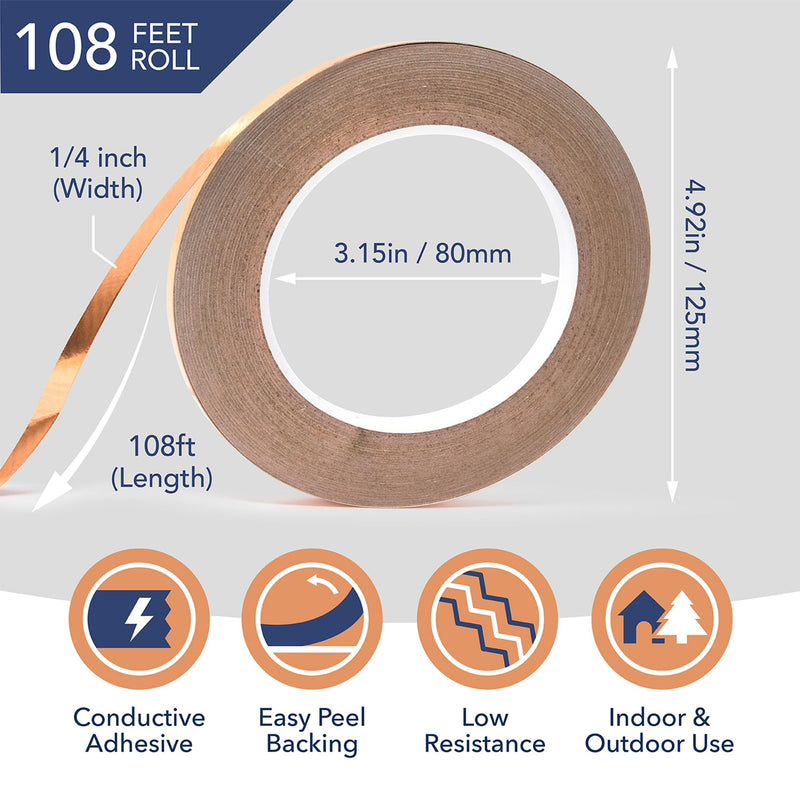 Kraftex Copper Tape [1/4" x108ft, 2PK] – Copper Foil Tape for Stained Glass, DIY Crafts, Guitar Shielding, Slug Control & Faraday Projects 1/4" × 108ft (2 Pack)