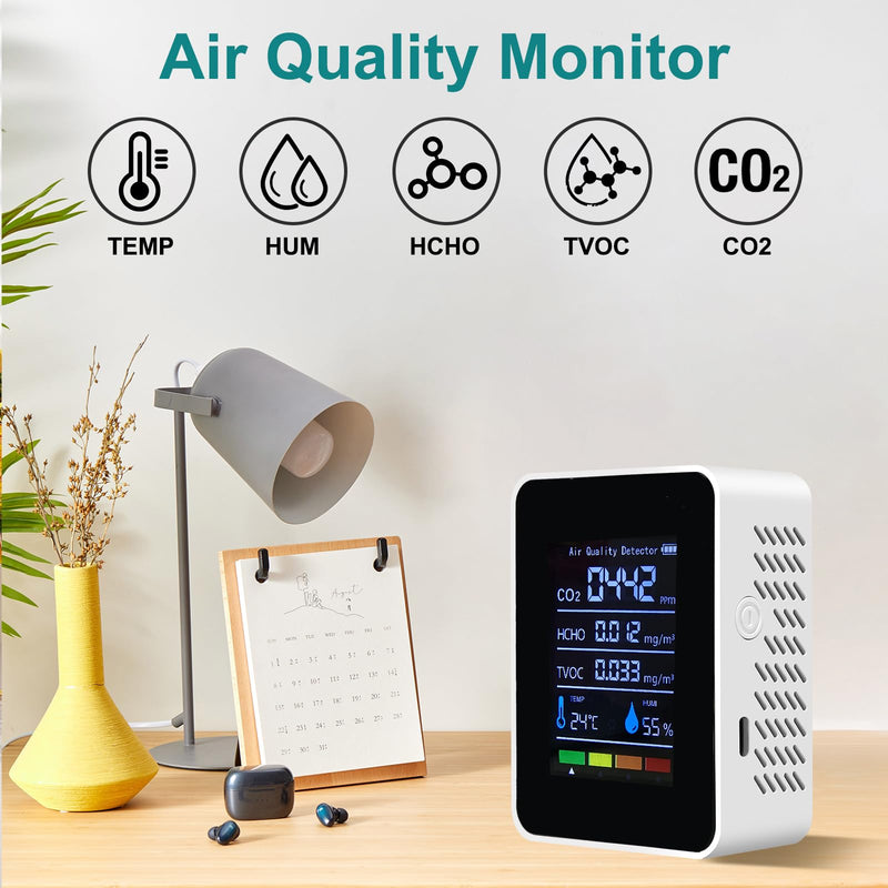 [Australia - AusPower] - 5-in-1 Multifunctional Air Quality Monitor Indoor, Home Air Quality Test for CO2, Formaldehyde, TVOC, Temperature and Humidity 