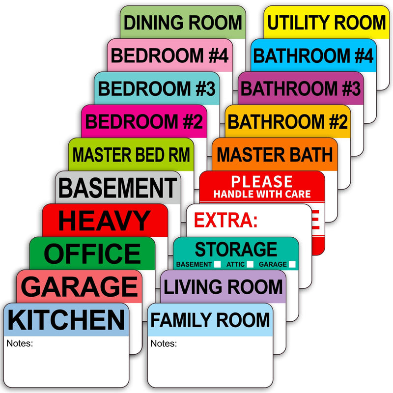 Kingtac 600 Writable Home Moving Stichers - 2' x 3', 20 Color-Coded Home Moving Packing Labels with Fragile, Extra, Heavy Options.Stick to Cardboard Boxes and Plastic Bins, No Extra Tape Needed Mov-0305-40-600pcs