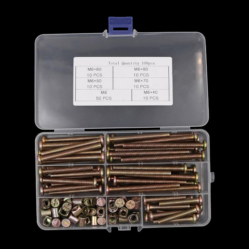 [Australia - AusPower] - 100 PCS NUZAMAS M6 Furniture Bolt Nut Set 40, 50, 60, 70, 80 mm Furniture Bolt Barrel Hex Socket Grib Screws Bolts Assortment Kit for Bunk Bed Furniture Cot 