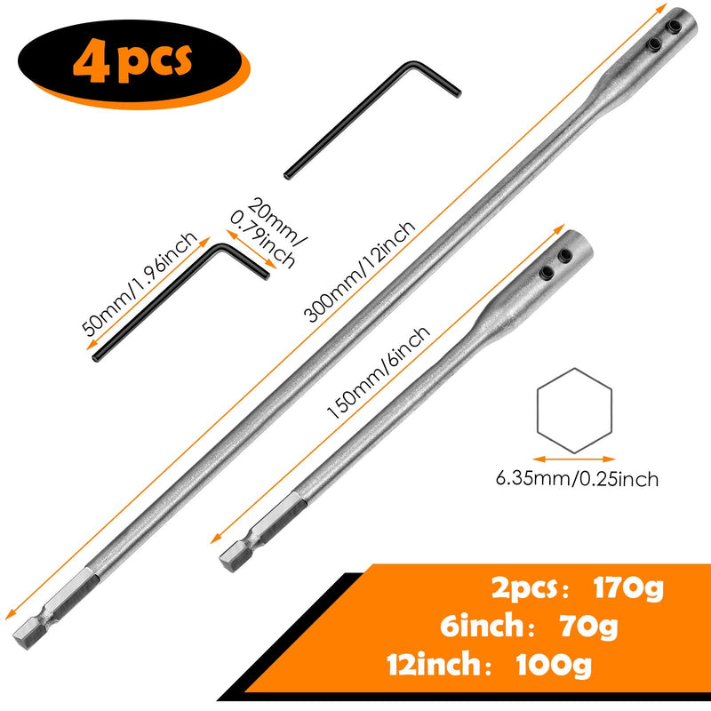 [Australia - AusPower] - 4 Pieces 1/4 Extension Drill Bit Set Wood Spade Drill Bit Extension, 6 and 12 Inches Spade Drill Bit Extension with 2 Pieces Key, Use with High-Carbon Steel Wood Spade Bits 
