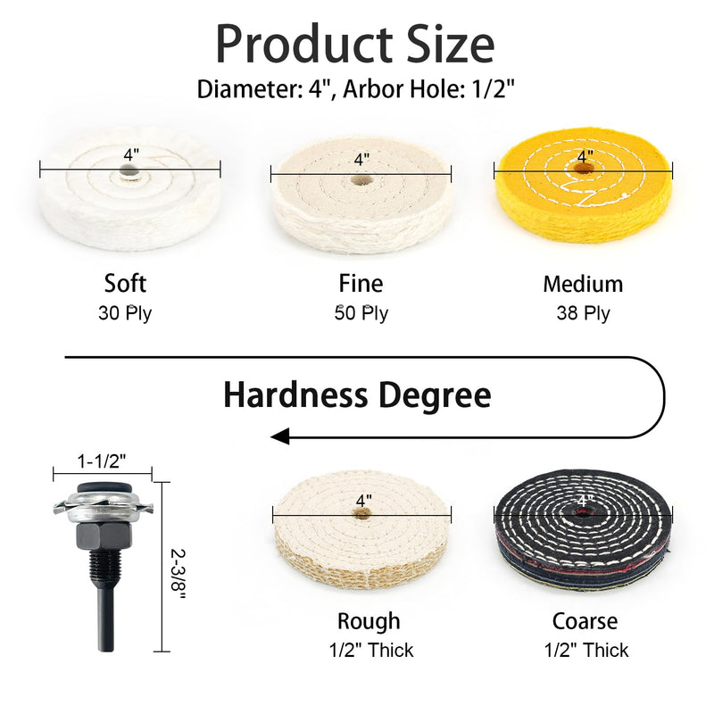 SCOTTCHEN 4" Buffing Polishing Wheels Soft(30Ply)/ Fine(50Ply)/ Medium(38Ply)/ Coarse 1/2" Thick/Rough 1/2" Thick with 1/2" Arbor Hole with 2sets 1/4" Shank for Drill - 5Pack Multi 7pcs 4 inch